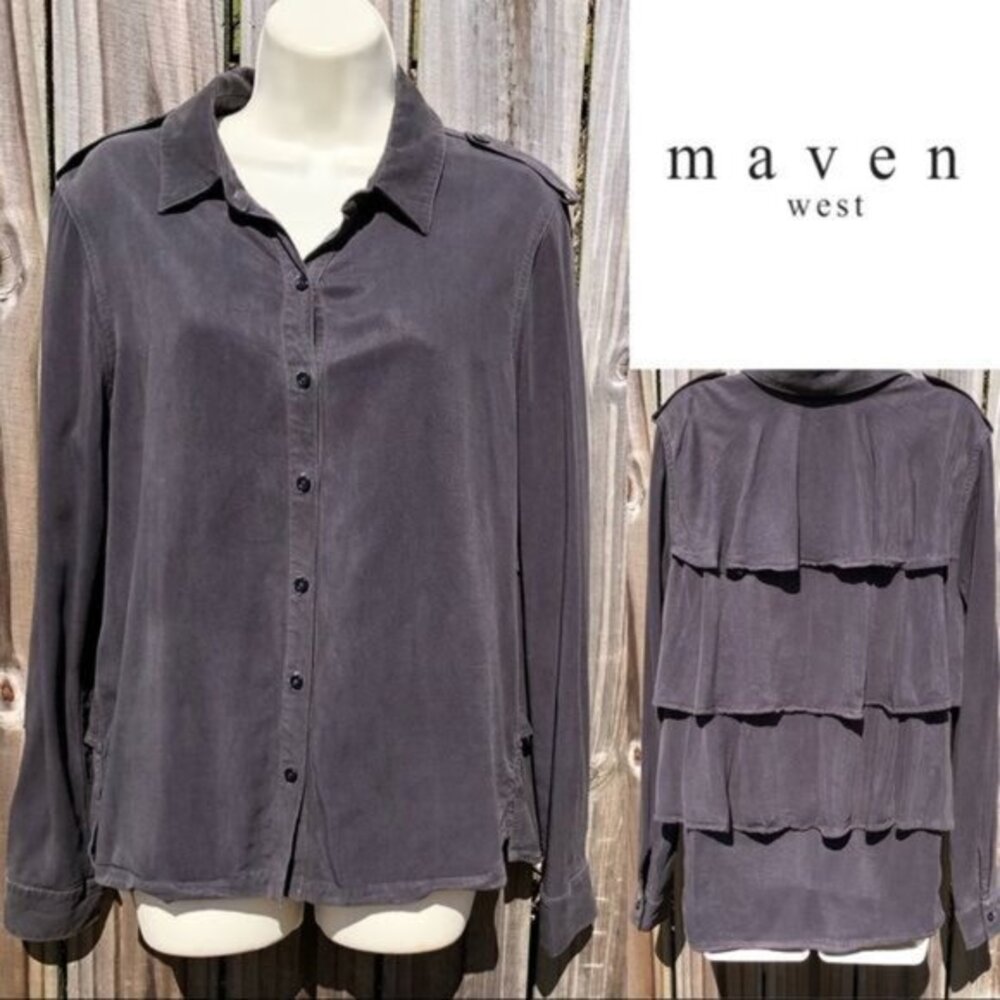 Anthropologie Maven West Medium Gray Button Down Top Blouse Ruffle Shirt Long Sl